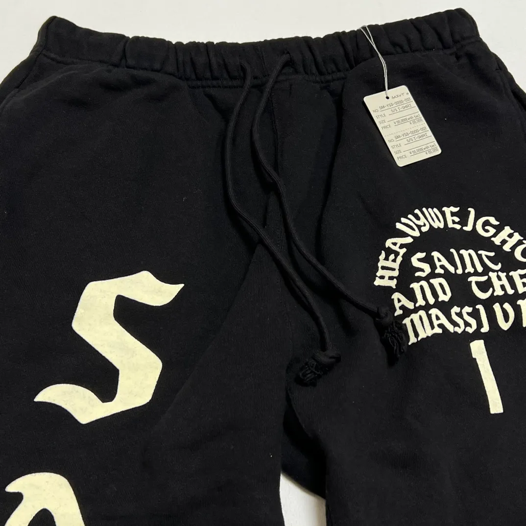 SAINT Mxxxxxx SWT PNT/IT'S SAINT/BLK flocked sweatpants black S-X ⚠️Attention: important points: this is flocking printing, not glue or crack paste. Don't buy what you see in the picture. Electrostatic flocking printing technology. Correct accessories. Fruit main mark/little angel anti-counterfeiting mark.